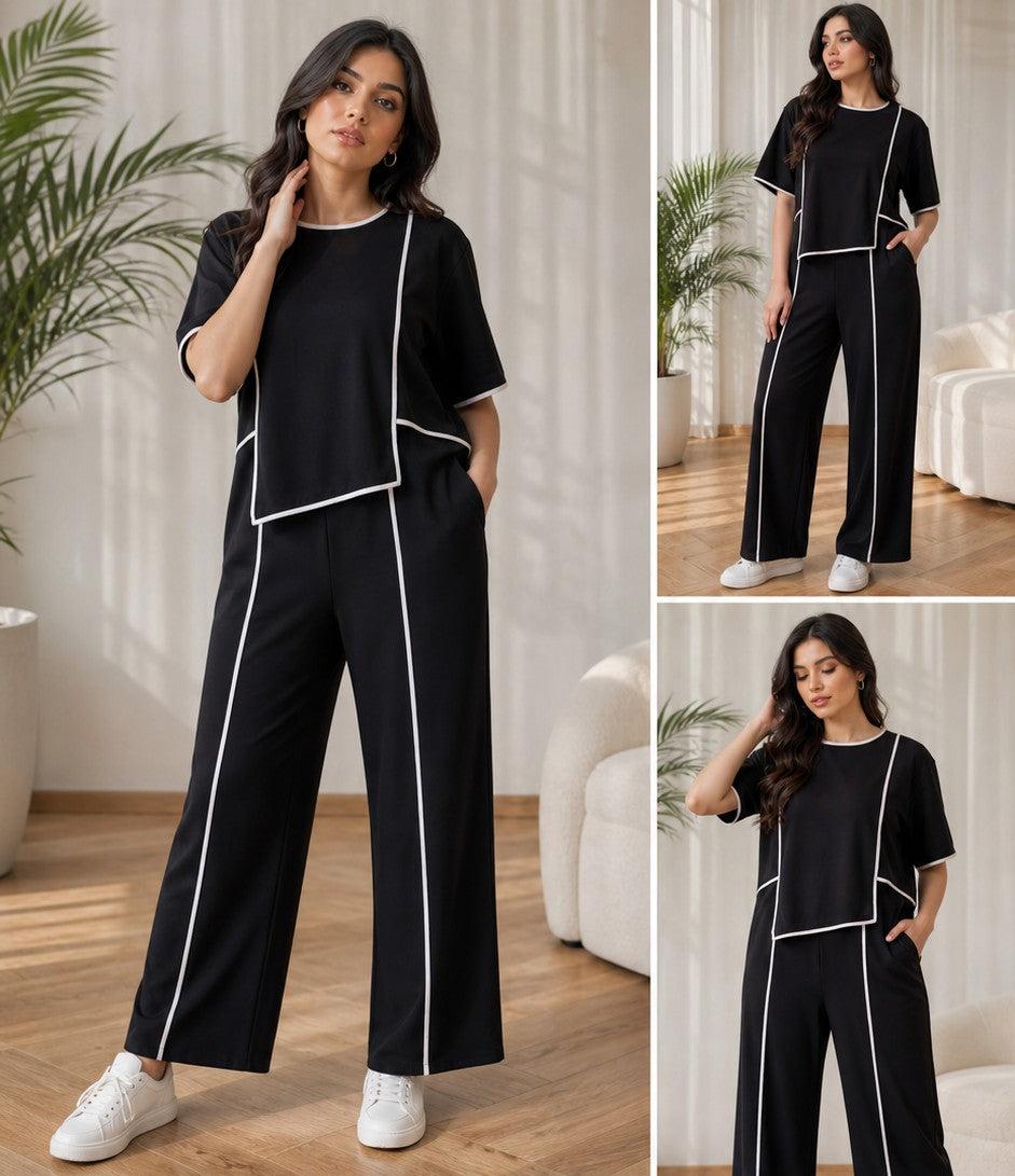 Women’s Plus Size Co-Ord Set, Half Sleeve Top and Straight Fit Pants,Casual Matching Set for Travel and Home