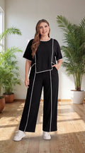 Women’s Plus Size Co-Ord Set, Half Sleeve Top and Straight Fit Pants,Casual Matching Set for Travel and Home