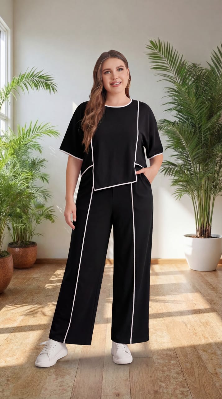 Women’s Plus Size Co-Ord Set, Half Sleeve Top and Straight Fit Pants,Casual Matching Set for Travel and Home