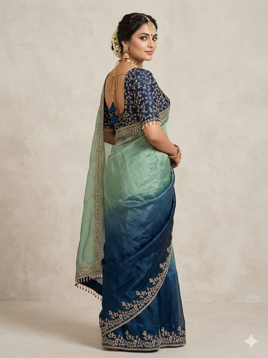 💫Premium Fandi Silk Double Shade Saree with Sequins Zari Work