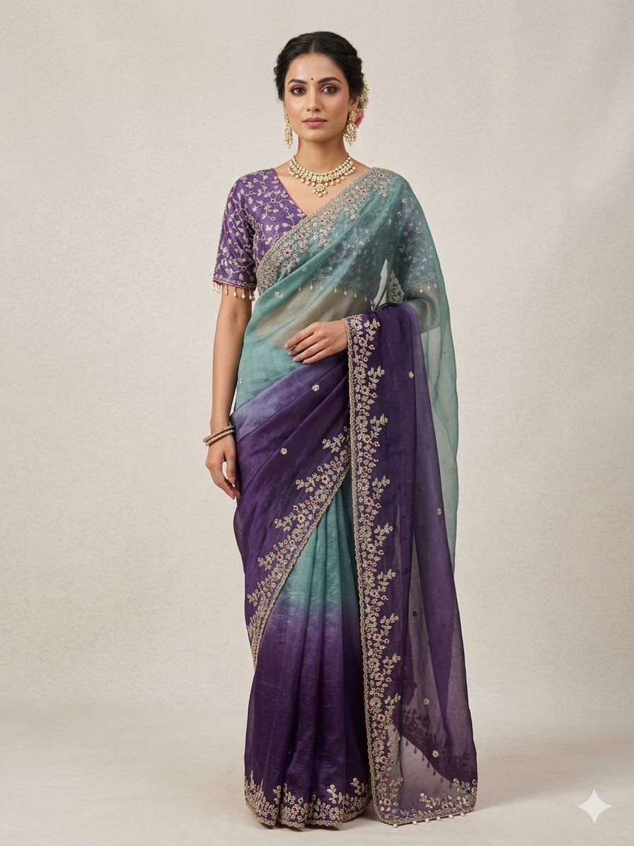 💫Premium Fandi Silk Double Shade Saree with Sequins Zari Work