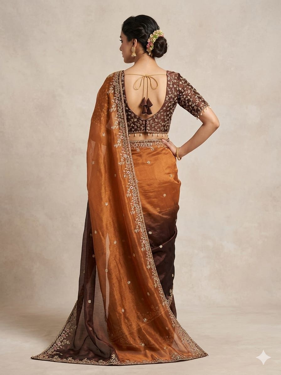 💫Premium Fandi Silk Double Shade Saree with Sequins Zari Work