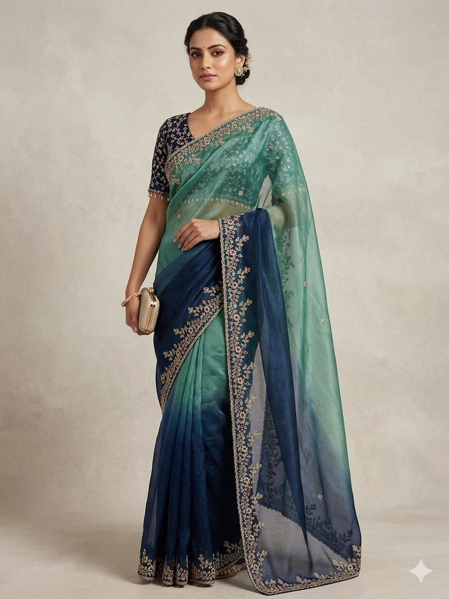 💫Premium Fandi Silk Double Shade Saree with Sequins Zari Work