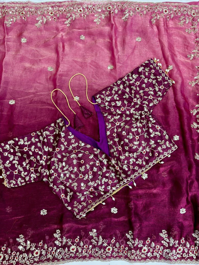 💫Premium Fandi Silk Double Shade Saree with Sequins Zari Work