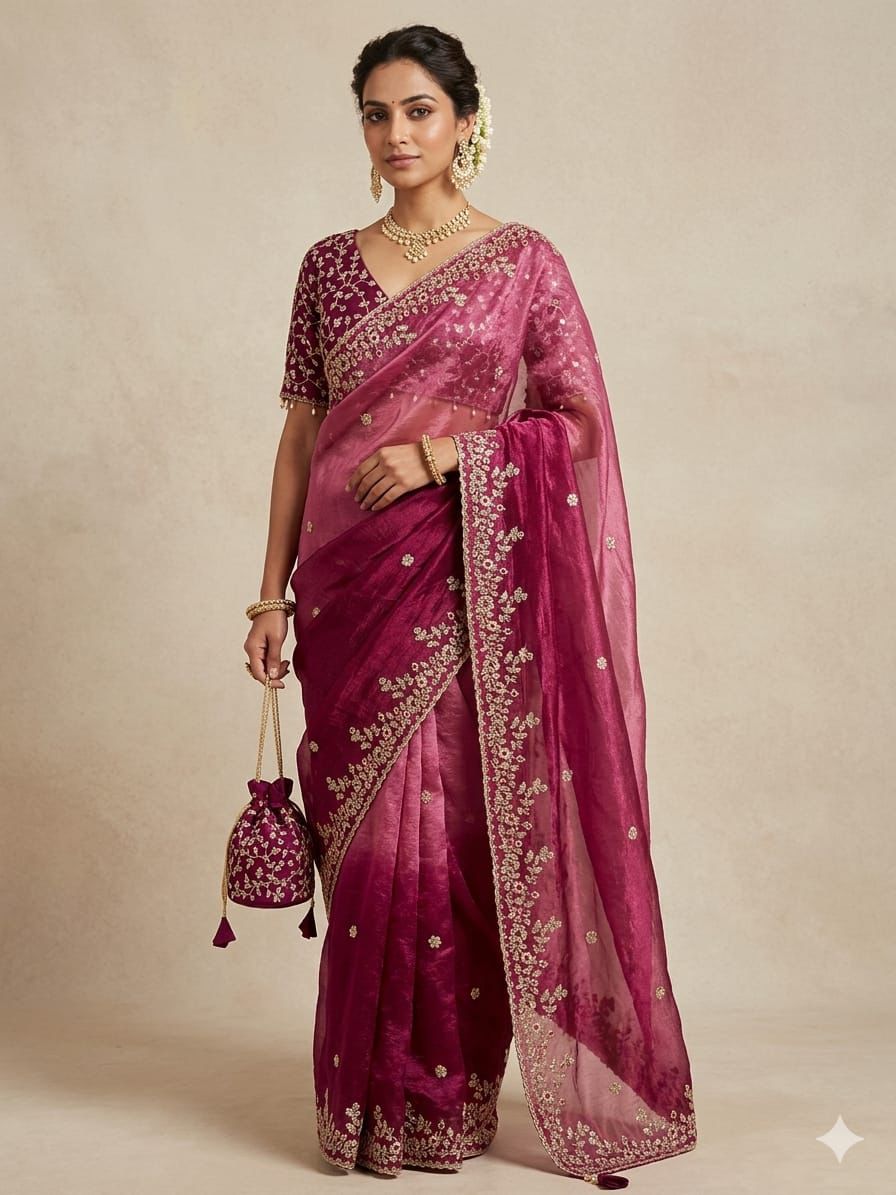 💫Premium Fandi Silk Double Shade Saree with Sequins Zari Work