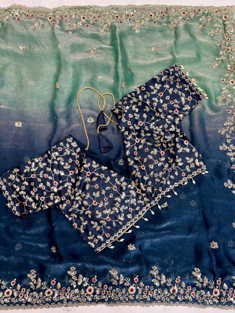 💫Premium Fandi Silk Double Shade Saree with Sequins Zari Work