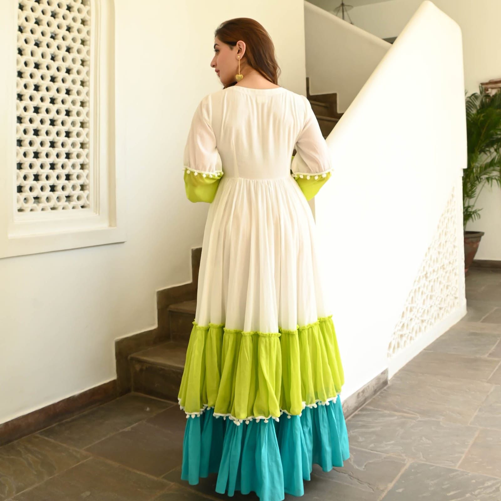 Pure Cotton Long Gown with Lace Detailing on Sleeves